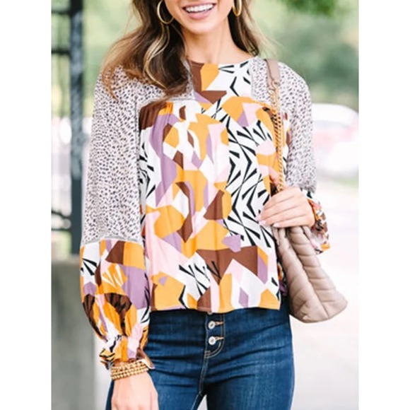 Fate Tops - Fate Mixed Print Geometric Animal Print Blouse Mustard Mauve Small NWT